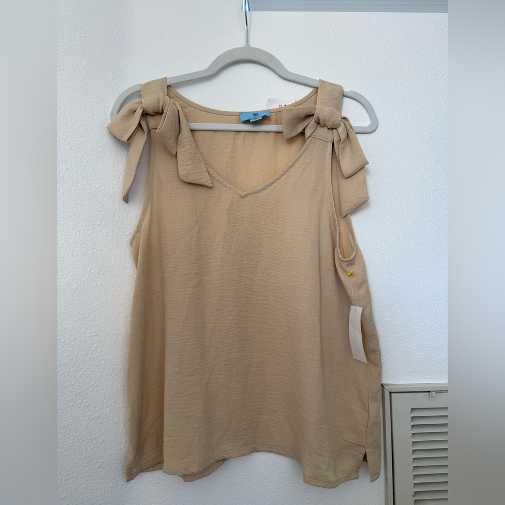Women's Tan Sleeveless Top with Bow Details